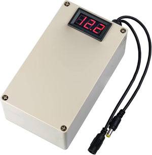 On Demand Portable 12V 20000mAh Li-ion Lithium Battery Pack Rechargeable Backup Power - a beige rectangular plastic case with a digital red LED display and two attached DC power connectors.