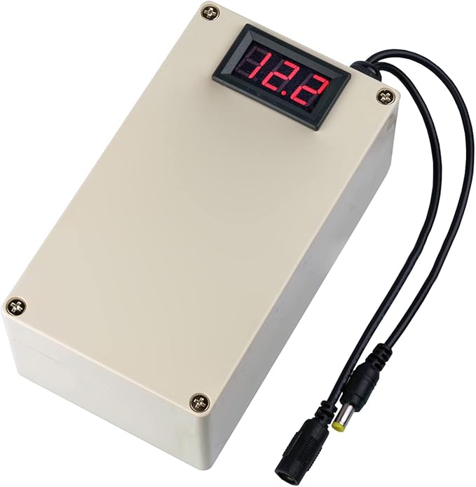 On Demand Portable 12V 20000mAh Li-ion Lithium Battery Pack Rechargeable Backup Power - a beige rectangular plastic case with a digital red LED display and two attached DC power connectors.
