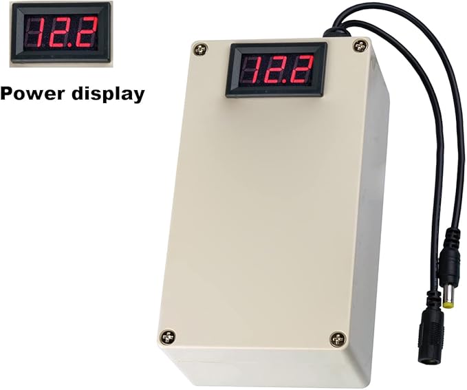 On Demand Portable 12V 20000mAh Li-ion Lithium Battery Pack Rechargeable Backup Power - a beige rectangular case with a red digital display and two black DC power connector cables.