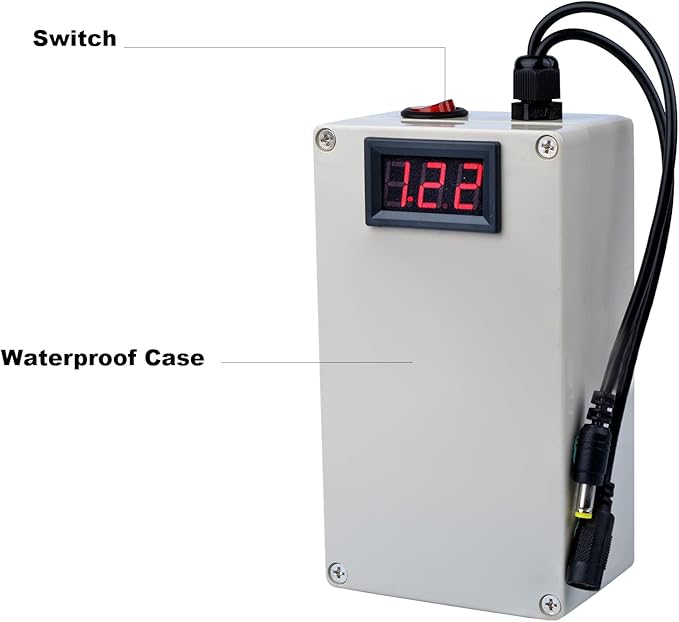 On Demand Portable 12V 20000mAh Li-ion Lithium Battery Pack Rechargeable Backup Power - in a grey waterproof case with a red power switch, a digital voltage display showing 8.22, and two DC cables.
