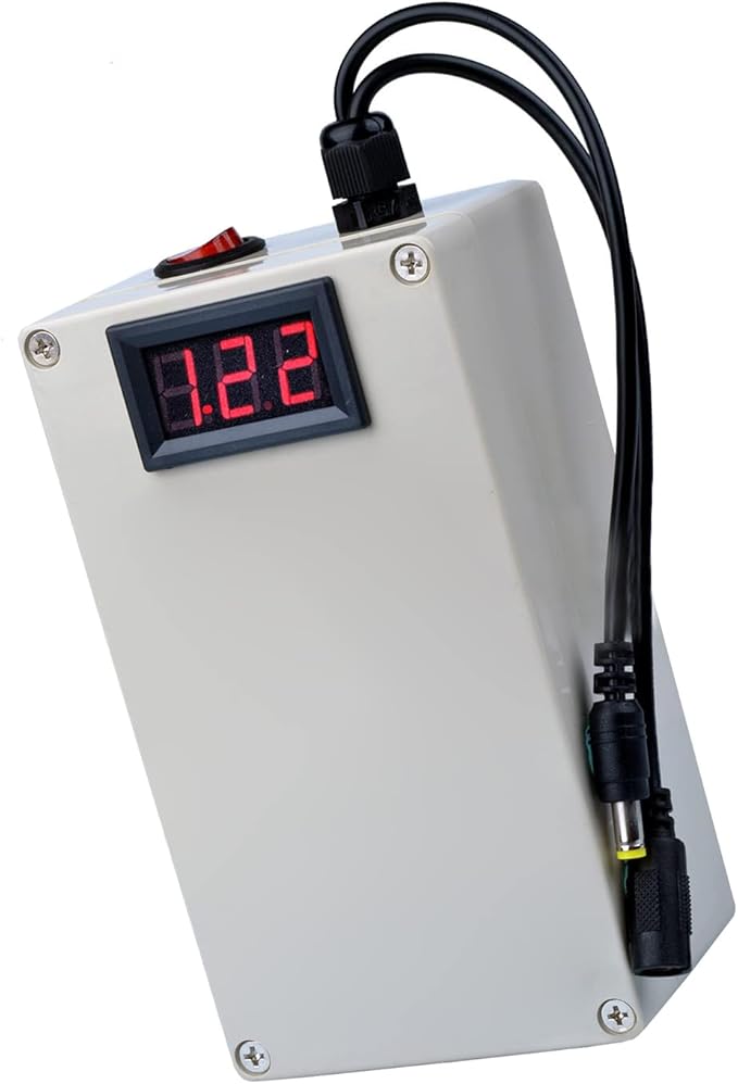 On Demand Portable 12V 20000mAh Li-ion Lithium Battery Pack Rechargeable Backup Power - a beige rectangular case with a red digital display, power switch, and two power cables.