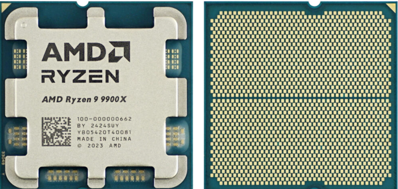 On Demand R9 9900X Processor 12-Core, 24-Thread - AMD Ryzen 9 9900X processor, showing both the silver-topped front with branding and the gold-pinned underside in a side-by-side view.