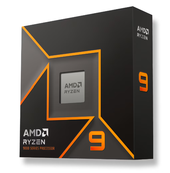 On Demand R9 9950X Processors – Unmatched Performance with 16 Cores, 32-Thread & AM5 Support | Digilog.pk - AMD Ryzen 9 9950X, a black and orange retail box for the 9000 series processor featuring a central cutout displaying the CPU chip.