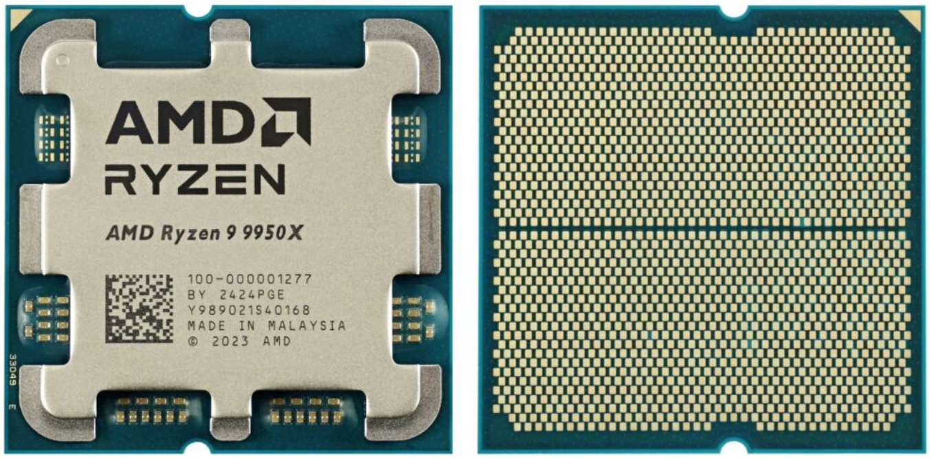 On Demand R9 9950X Processors – Unmatched Performance with 16 Cores, 32-Thread & AM5 Support | Digilog.pk - AMD Ryzen 9 9950X, showing the top side with branding and the underside with a grid of gold contact pins on a square green circuit board.