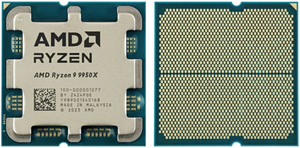 On Demand R9 9950X Processors – Unmatched Performance with 16 Cores, 32-Thread & AM5 Support | Digilog.pk - AMD Ryzen 9 9950X, showing the top side with branding and the underside with a grid of gold contact pins on a square green circuit board.