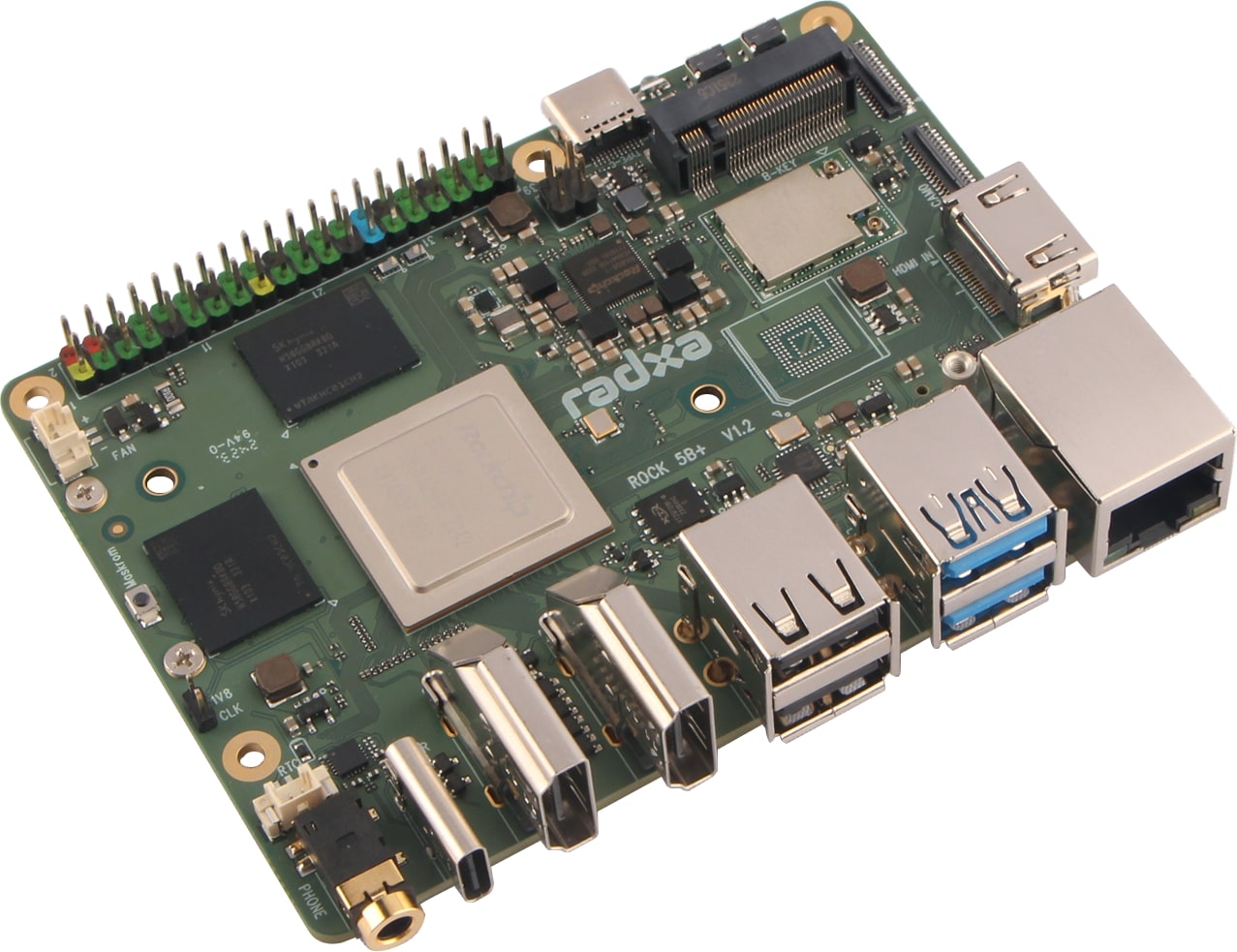 On Demand Radxa ROCK 5B RK3588 Rockchip 8-core CPU SBC, HDMI 8k Output, M.2 M Key Connector with PCIe 3.0, 4/8/16/32GB Option Single Board - a green circuit board with a central processor, RAM chips, USB ports, Ethernet, and HDMI connectors.