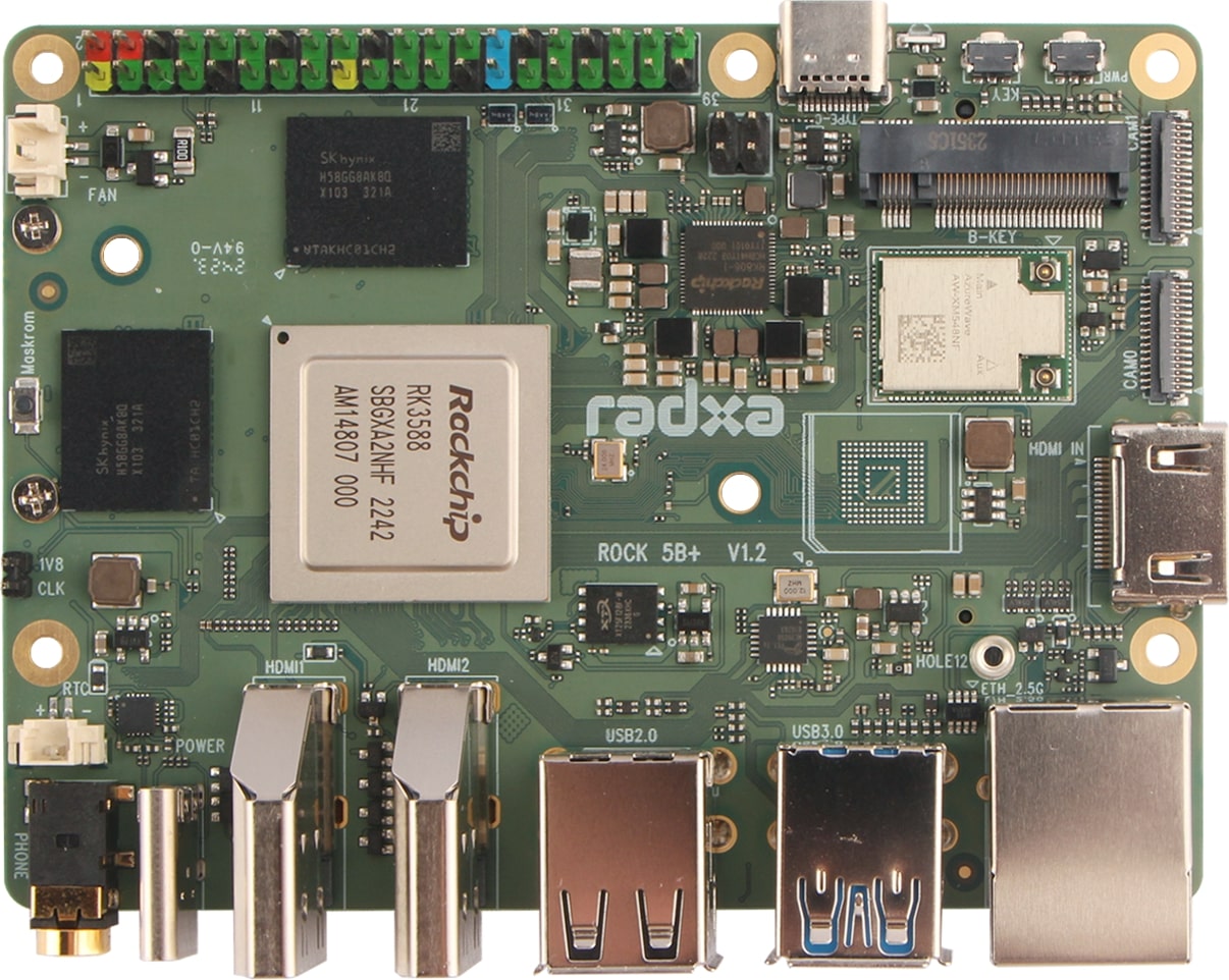 On Demand Radxa ROCK 5B RK3588 Rockchip 8-core CPU SBC, HDMI 8k Output, M.2 M Key Connector with PCIe 3.0, 4/8/16/32GB Option Single Board - a green rectangular circuit board with a central Rockchip processor, various ports, and an M.2 connector.