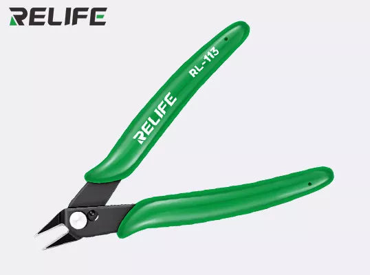 On Demand RELIFE RL-113 Precision Diagonal Pliers Micro Cutting Pliers (Electronics & Wire Cutting) - shown as a pair of green-handled micro cutting pliers with a black metal head against a plain background.