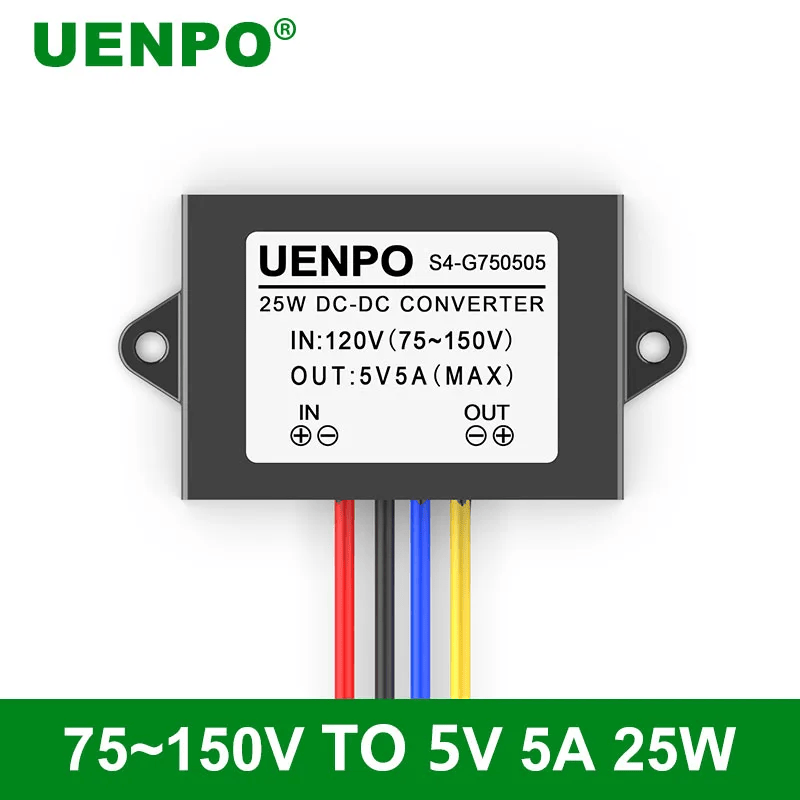 ON Demand UENPO 5V 5A 5A DC Isolated Power Supply 96V108V120V to 5V DC Converter 75~150V to 5V Voltage Reduction Module - a rectangular black module with four colored wires and a label showing input 75-150V and output 5V 5A specifications.