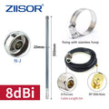 On Demand ZIISOR 915MHz 923MHz LoRa Antenna 8dBi N-Male Fiberglass (Meshtastic Helium Hotspot) - a grey 550mm antenna, a stainless hoop, a 5m cable with N-female and RP-SMA male connectors, and an N-J connector.