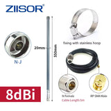 On Demand ZIISOR 915MHz 923MHz LoRa Antenna 8dBi N-Male Fiberglass (Meshtastic Helium Hotspot) - a grey 550mm antenna, a stainless hoop, a 5m cable with N-female and RP-SMA male connectors, and an N-J connector.