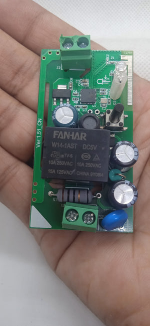 On-Off WiFi remote Switch home automation Module - a green circuit board held in a hand featuring a black relay, two terminal blocks, and an LED.