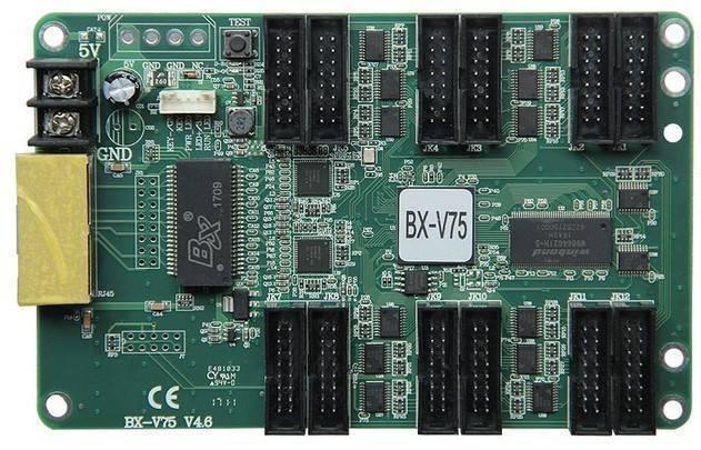 Onbon BX-V75 Synchronous Full Color LED Receiving Card - a green rectangular circuit board with an Ethernet port, power terminals, and multiple connectors.