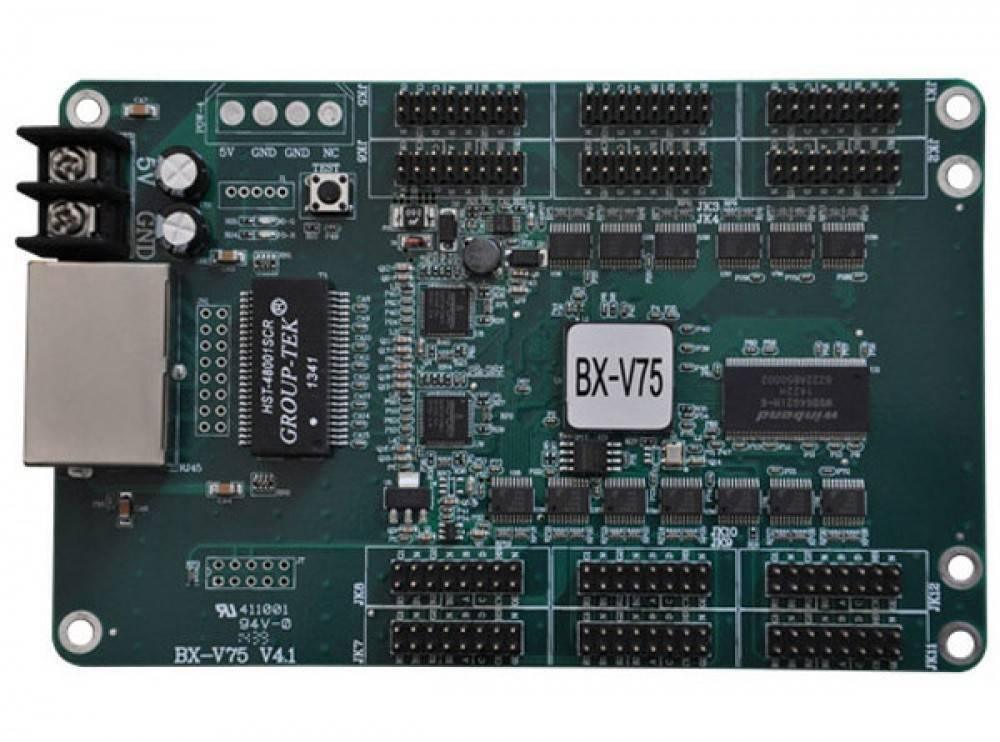 Onbon BX-V75 Synchronous Full Color LED Receiving Card - a green rectangular circuit board featuring an Ethernet port, power terminals, and multiple pin headers.