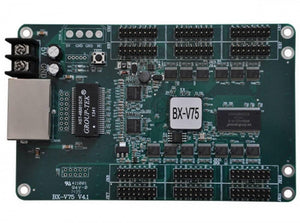 Onbon BX-V75 Synchronous Full Color LED Receiving Card - a green rectangular circuit board featuring an Ethernet port, power terminals, and multiple pin headers.