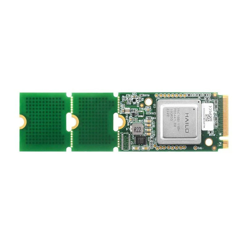 OnDemand Hailo-8 M.2 AI Accelerator Module - 26 TOPS - a green rectangular circuit board with a gold-plated M.2 connector and a central silver processor chip.