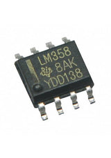 Op Amp LM358 SMD - a small black integrated circuit chip with eight metal pins and white text printed on the top surface.