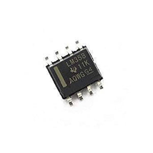 Op Amp LM358 SMD - a black, rectangular integrated circuit chip with eight metal pins, shown in a close-up view against a white background.