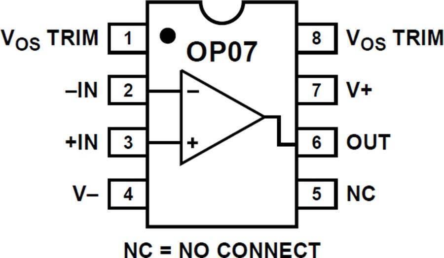 OP07 Operational Amplifier - an 8-pin integrated circuit layout with labels for VOS TRIM, inputs, power supply, and output pins.