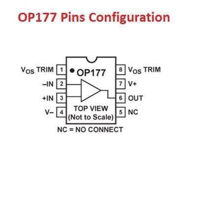 OP177 Op Amp Ultra Precision Operational Amplifier IC - a black and white technical diagram showing the pin configuration and top view of the 8-pin integrated circuit.