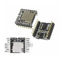 Open Source MP3-TF-16P Mini MP3 Player Module With Serial Port - two black circuit boards with gold pins and a silver microSD card slot, plus a pinout diagram.