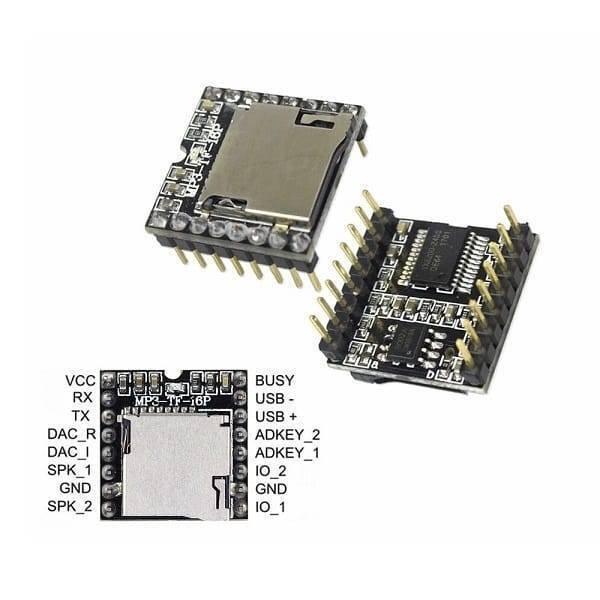 Open Source MP3-TF-16P Mini MP3 Player Module With Serial Port - two black circuit boards with gold pins and a silver microSD card slot, plus a pinout diagram.