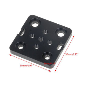 Openbuilds Special Slide Plate For Aluminum Profiles - a black square metal plate with mounting holes and dimensions labeled in red text.