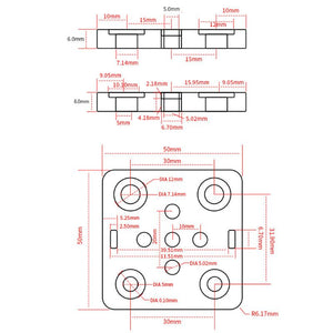 Openbuilds Special Slide Plate For Aluminum Profiles - top, side, and front views with detailed dimensional measurements.
