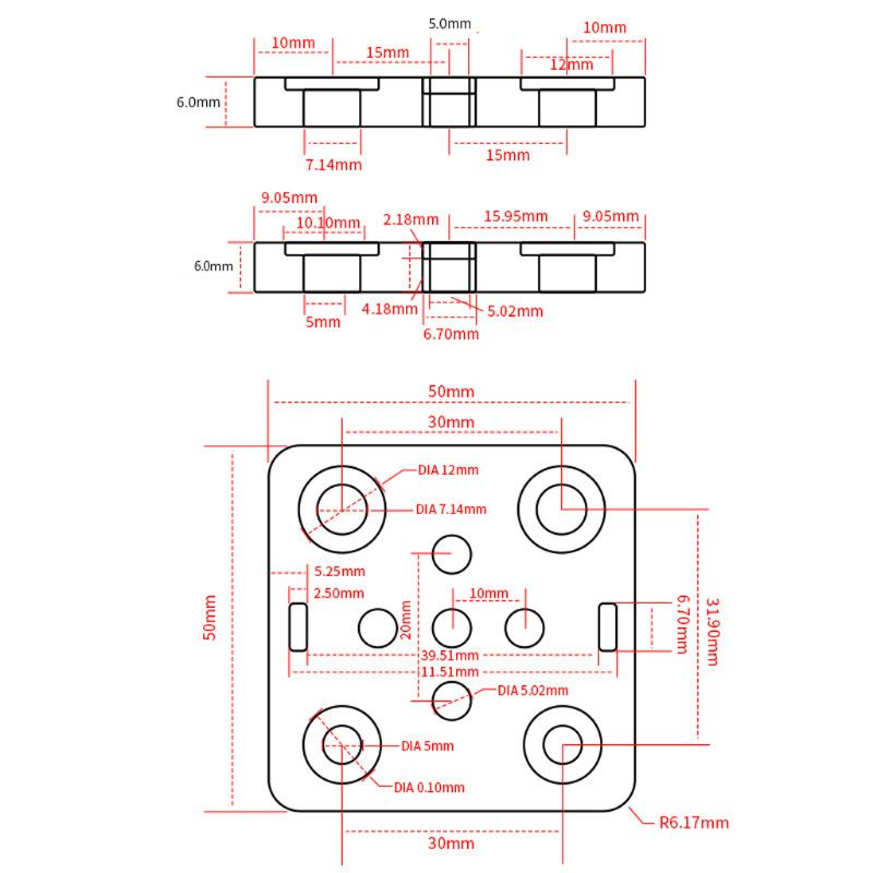 Openbuilds Special Slide Plate For Aluminum Profiles - top, side, and front views with detailed dimensional measurements.