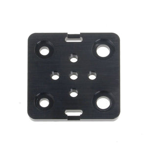 Openbuilds Special Slide Plate For Aluminum Profiles - a black rectangular metal plate featuring four large countersunk holes and five smaller threaded holes.