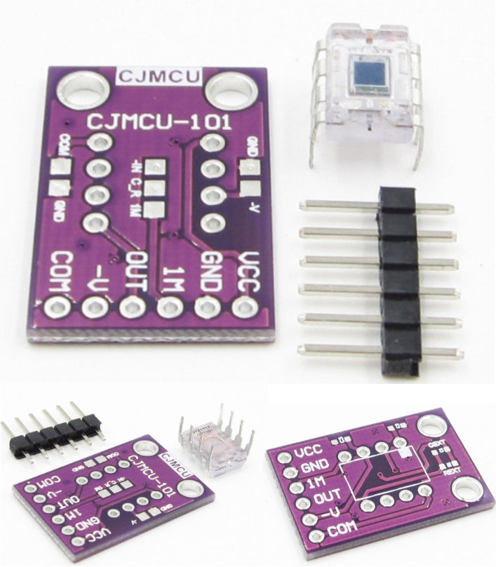 OPT101 Analog Light Sensor Light Intensity Module - a purple circuit board with labeled pin headers, a separate light sensor component, and a six-pin header strip.
