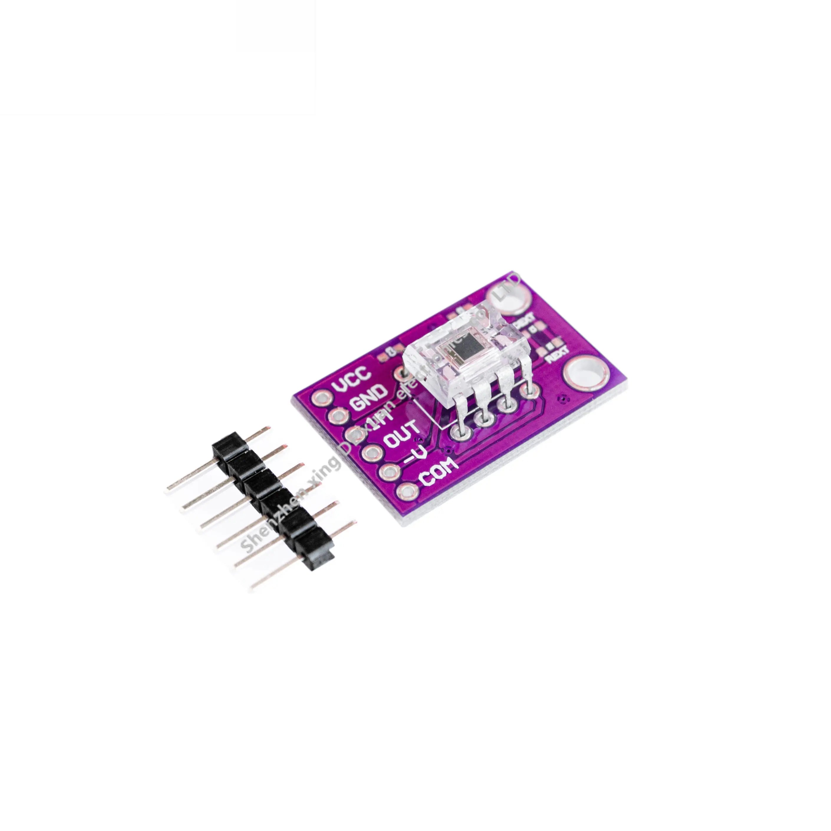 OPT101 Analog Light Sensor Light Intensity Module - a purple rectangular circuit board with a central sensor, five pin headers, and labeled ports.