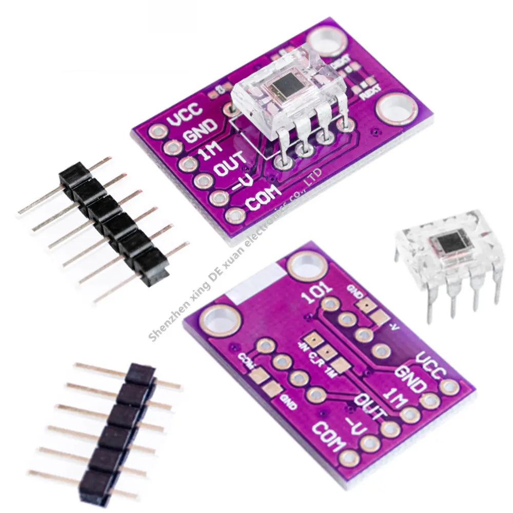 OPT101 Analog Light Sensor Light Intensity Module - two purple circuit boards, one with a sensor attached, and two sets of header pins.