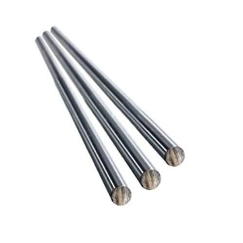 Optical Axis 8x100mm Linear Rail Shaft - three identical, smooth, silver-colored cylindrical metal rods arranged diagonally against a white background.