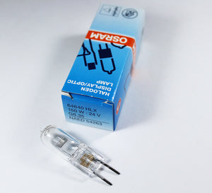 Optics Bulbs Medical Lamp of 150W 24V G6.35 Osram 64640 HLX FCS 24V 150W Light - shown next to its blue and white product packaging box.