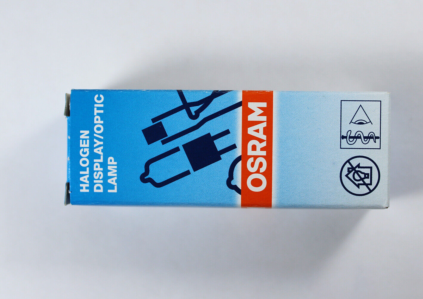 Optics Bulbs Medical Lamp of 150W 24V G6.35 Osram 64640 HLX FCS 24V 150W Light - Osram Halogen Display/Optic Lamp, a rectangular blue and white product packaging box with the brand name printed on an orange vertical stripe.