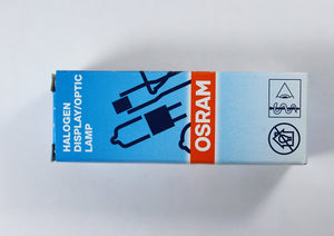 Optics Bulbs Medical Lamp of 150W 24V G6.35 Osram 64640 HLX FCS 24V 150W Light - Osram Halogen Display/Optic Lamp, a rectangular blue and white product packaging box with the brand name printed on an orange vertical stripe.