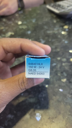 Optics Bulbs Medical Lamp of 150W 24V G6.35 Osram 64640 HLX FCS 24V 150W Light - a close-up of the blue and white product packaging showing the 150W, 24V, G6.35, and NAED 54263 specifications.