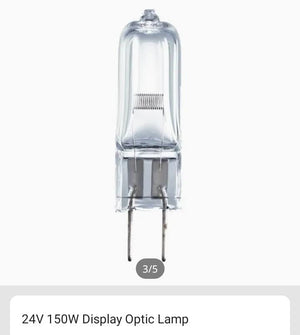 Optics Bulbs Medical Lamp of 150W 24V G6.35 Osram 64640 HLX FCS 24V 150W Light - a clear glass halogen bulb with a horizontal filament and two metal pin connectors at the base.