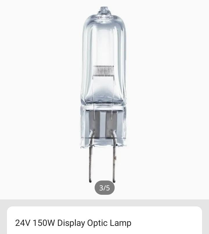 Optics Bulbs Medical Lamp of 150W 24V G6.35 Osram 64640 HLX FCS 24V 150W Light - a clear glass halogen bulb with a horizontal filament and two metal pin connectors at the base.