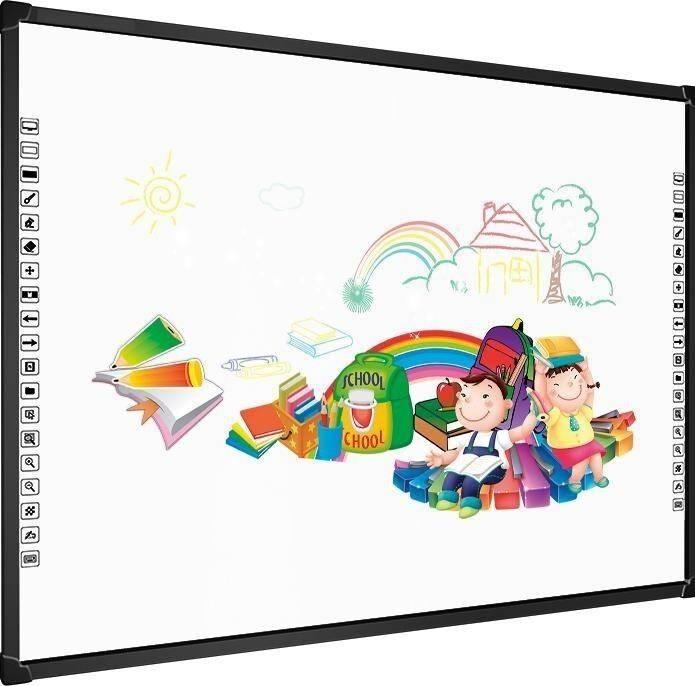 Optiview Interactive Whiteboard 82 Inch OPV-WB82 1 Used Projector 1 2feets Projector Stand 10 Meter Long VGA Cable - a black frame and side control buttons, displaying a colorful cartoon scene of school supplies.