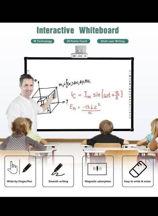 Optiview Interactive Whiteboard 82 Inch OPV-WB82 1 Used Projector 1 2feets Projector Stand 10 Meter Long VGA Cable - a teacher using a stylus on a large screen displaying mathematical formulas in a classroom setting.