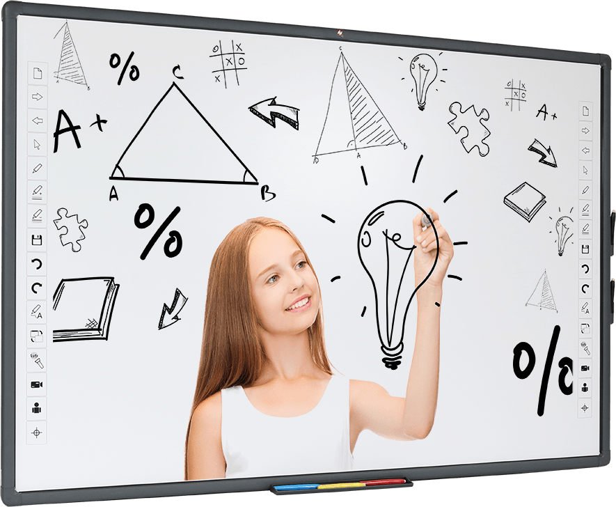 Optiview Interactive Whiteboard 82 Inch OPV-WB82 1 Used Projector 1 2feets Projector Stand 10 Meter Long VGA Cable - a large grey-framed screen displaying a girl drawing a lightbulb surrounded by math symbols and shapes.