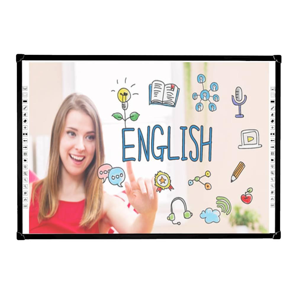 Optiview Interactive Whiteboard Touchable Display 82 Inch Size Working With Projector OPV-WB82 - a woman touching a screen displaying the word ENGLISH surrounded by colorful icons.