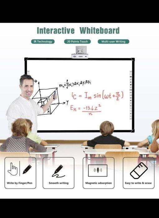 Optiview Interactive Whiteboard Touchable Display 82 Inch Size Working With Projector OPV-WB82 - a teacher writing physics equations on the large white screen in a classroom setting with four icons below.