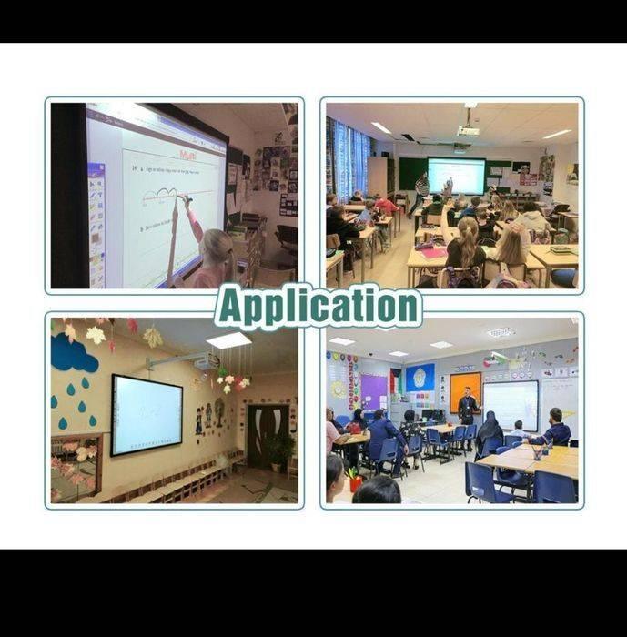 Optiview Interactive Whiteboard Touchable Display 82 Inch Size Working With Projector OPV-WB82 - four classroom scenes with students and teachers using the whiteboards for lessons.