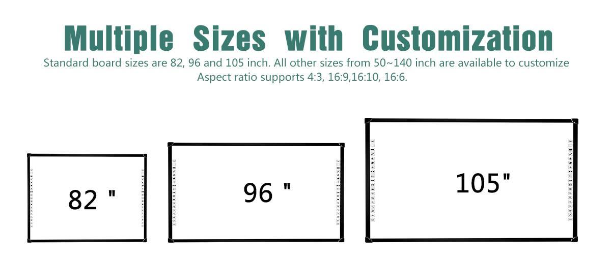 Optiview Interactive Whiteboard Touchable Display 82 Inch Size Working With Projector OPV-WB82 - a diagram of three rectangular whiteboards in 82, 96, and 105-inch sizes with text about customization and ratios.