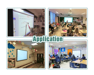 Optiview Interactive Whiteboard Touchable Display 82 Inch Size Working With Projector OPV-WB82 - four classroom scenes with students and teachers using the large white screens.