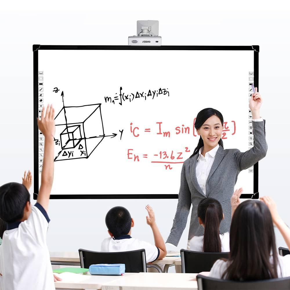 Optiview Interactive Whiteboard Touchable Display 82 Inch Size Working With Projector OPV-WB82 - a teacher presenting mathematical formulas and a 3D cube diagram to students in a classroom.