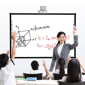 Optiview Interactive Whiteboard Touchable Display 82 Inch Size Working With Projector OPV-WB82 - a teacher presenting mathematical formulas and a 3D cube diagram to students in a classroom.